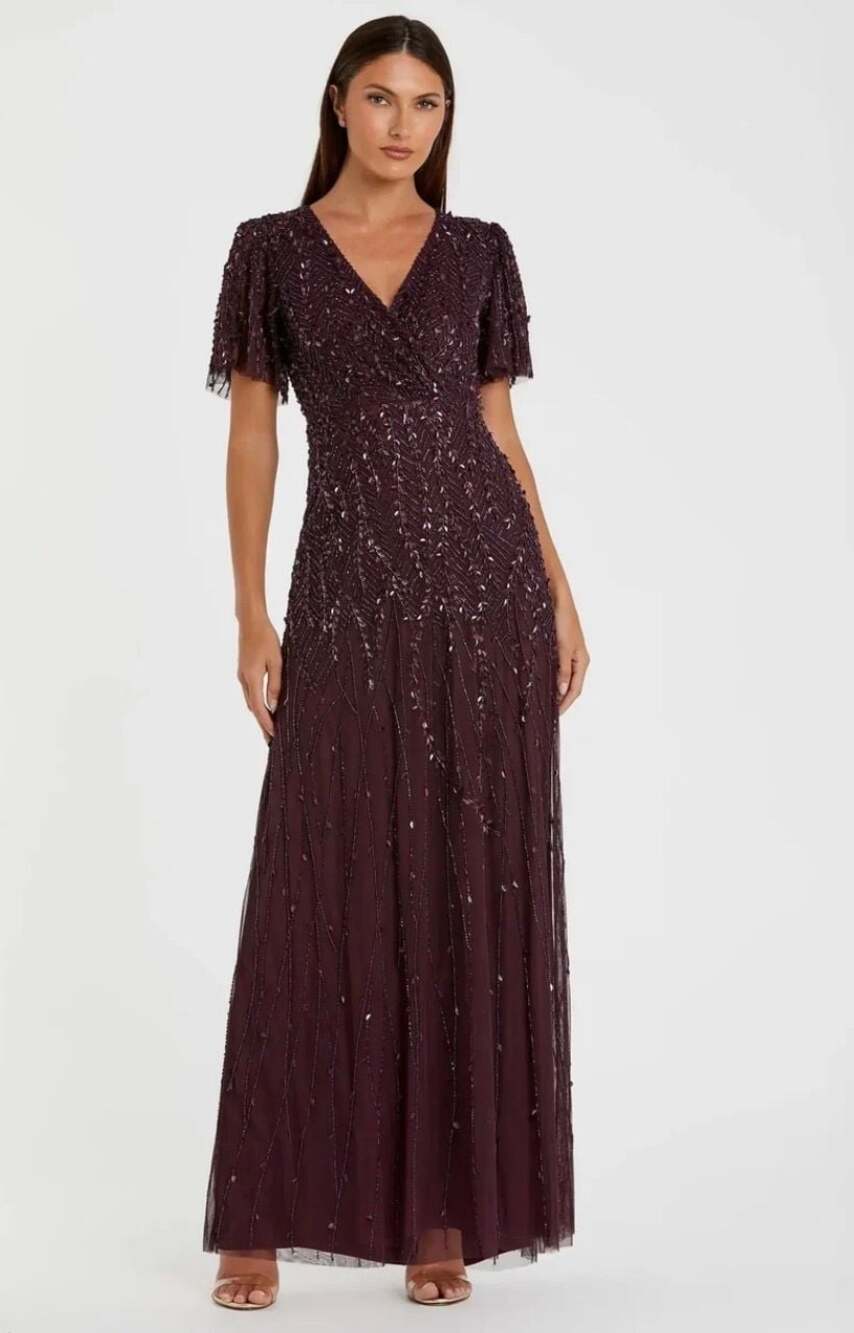 Mac Duggal Embellished Flutter Sleeve V-Neck Gown Burgundy Size 22